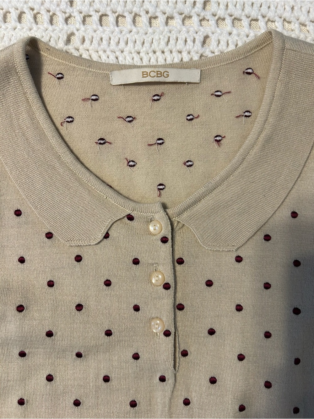 BCBG Beige Knit Polo Cardigan with Burgundy Dot Embroidery